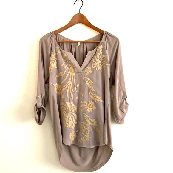 Anthropologie Tops - Tiny Anthropologie Embroidered Henley Top Taupe